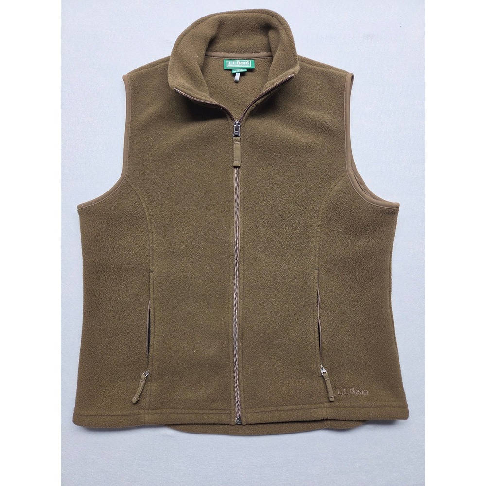LL Bean Mens Small Fleece Vest Full Zip Olive Brown Mock Neck O ALA9